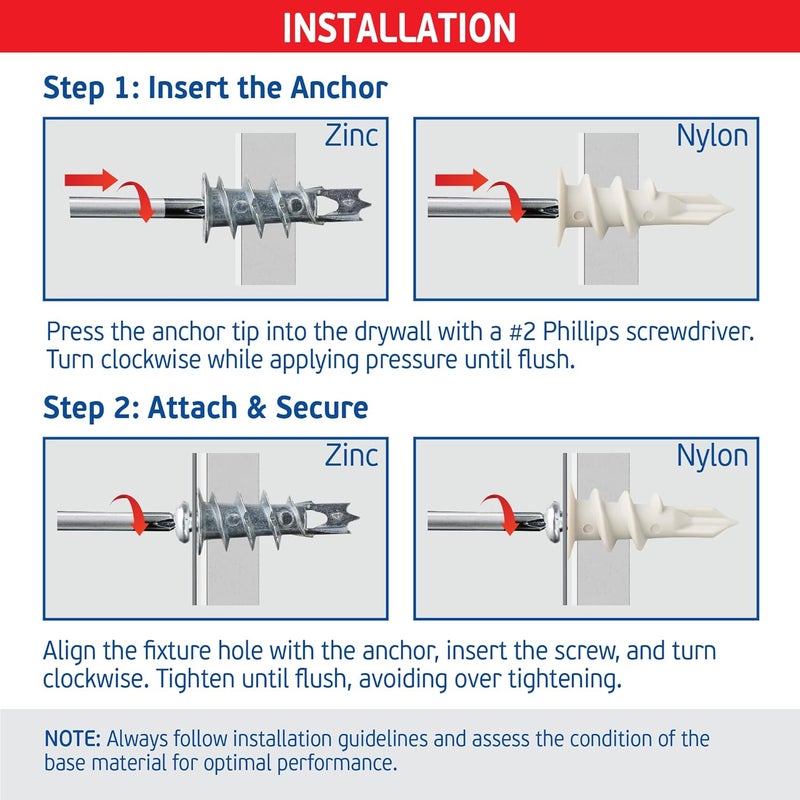 FixMaster Plaster Bite Self-Drilling Drywall Anchor Kit Includes 50 Nylon & 50 Zinc Anchors w/ 100 Screws – Heavy DutyHollow Wall Anchor Kit for 3/8", 1/2", 5/8" Drywall – 75 lbs Holding Strength - Image 4